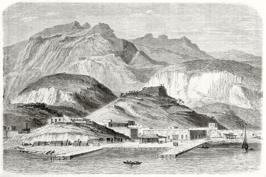 Ancient sea port with high hills behind, peaceful context in a mexican landscape. Old view Guaymas Sonora state Mexico. Created by Lancelot after Vigneaux published on Le Tour du Monde Paris 1862