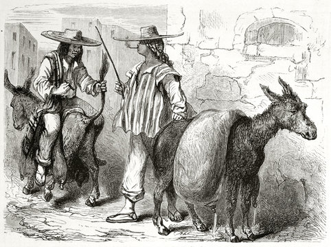 Ancient mexicans carrying water with mules. Old illustration of water bearers in Guaymas Sonora state Mexico. Created by Riou and Maurand after Vigneaux published on Le Tour du Monde Paris 1862