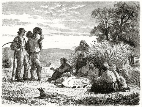 Ancient farmers getting rest after the harvest on a field at sunset. Old illustration depicting Danish harvesters resting. Created by Frolich published on Le Tour du Monde Paris 1862