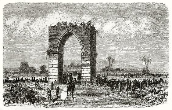 Desolated ancient cemetery with the ruins of a stone vaulted door on the center. Old view of the Iron Gate Tarsus Turkey. Created by Grandsire and Gaushard published on Le Tour du Monde Paris 1862