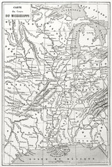 Old topographic map of Mississippi river course. Created by Erhard and Bonaparte published on Le Tour du Monde Paris 1862 - obrazy, fototapety, plakaty