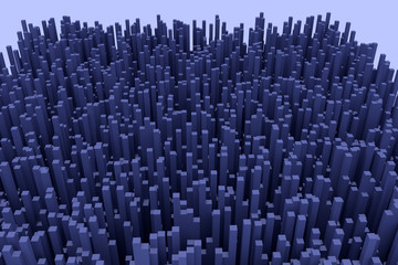 3d-Illustration einer Struktur, die einer futuristischen Stadt ähnelt, und die aus hunderten von blauen, länglichen Quadern mit quadratischer Grundfläche besteht