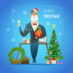 Businessman in Santa Claus hat, suit, keeps a gift and drinks champagne. Christmas concept character design.