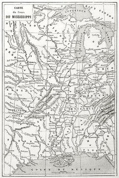Old topographic map of Mississippi river course. Created by Erhard and Bonaparte published on Le Tour du Monde Paris 1862