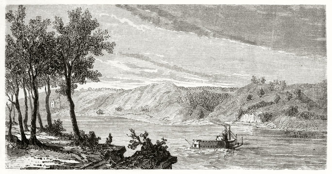 Ancient Panoramic View From A Bank Of Missouri River With A Boat That Sails Its Waters. Missouri River USA. By Guaiaud After The Geological Survey Of Missouri Published On Le Tour Du Monde Paris 1862