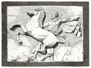 Old engraved reproduction of a high relief metope sculpture by Phidias in the Parthenon Athens representing a man and a rearing horse. By Therond published on Le Tour du Monde Paris 1862