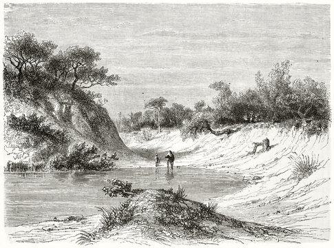 Old view of Rahad river Sudan, the riverbed is almost dry and a camel drink its water, surrounded by desert vegetation. Created by Girardet after Lejean published on Le Tour du Monde Paris 1862