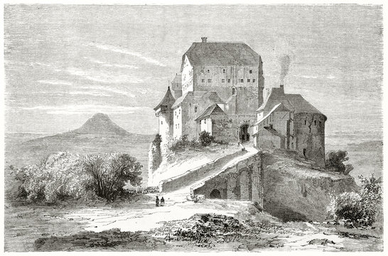 Ancient little german castle surrounded by a vast space and hills in the very far distance in a isolation context . Rechberg castle Wurttemberg Germany. By Lancelot, Le Tour du Monde Paris 1862