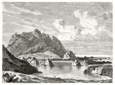 Ancient peaceful landscape with a calm bay and the La Belle ship moored close to some rocks in San Benito Mexico. High cliff on background. By De Berard published on Le Tour du Monde Paris 1862