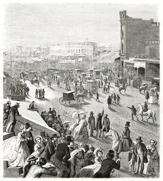 Large San Francisco ancient street viewed from top with a lot of people, carriages and horses. Created by Lorsay after photo by unknown author published on Le Tour du Monde Paris 1862
