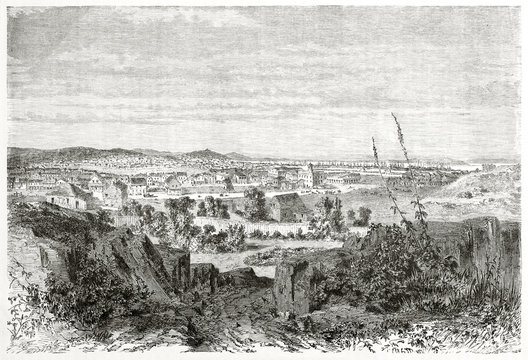 Panoramic view of ancient San Francisco, California. Few houses and large countryside part with the bay far on the background. By Lancelot published on Le Tour du Monde Paris 1862
