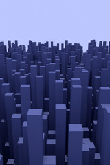 3d-Illustration einer Struktur, die einer futuristischen Stadt ähnelt, und die aus hunderten von blauen, länglichen Quadern mit quadratischer Grundfläche besteht