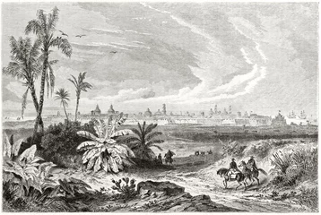 Poster Im Rahmen Large view on the ancient arrival to Veracruz with the luxuriant mediterranean vegetation and the city in background from the road to Orizaba, Mexico. By De Berard published on Le Tour du Monde 1862 © Mannaggia