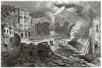 Ruined and desolated scenario in Torre del Greco main square while Vesuvius erupting in 1861 Italy. Created by Riou after photo by unknown author published on Le Tour du Monde Paris 1862