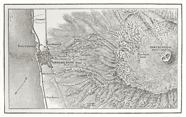 Old sepia tone map of volcanic phenomena during Vesuvius eruption in 1861-62. Detail on Torre Del Greco area. Created by Erhard and Bonaparte published on Le Tour du Monde Paris 1862