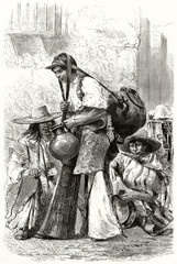 Three ancient mexican water sellers outdoor in Mexico city with their typical clothes and equipment. Created by Riou and Marand published on Le Tour du Monde Paris 1862