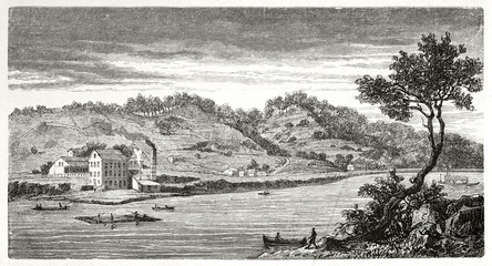 Ancient large view of Weston along Missouri river USA. Vegetation, boats, hills and a little factory on the shore. By Guaiaud after The Geological Survey of Missouri on Le Tour du Monde Paris 1862
