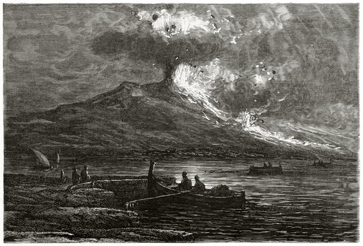 Ancient Neapolitans people on boat in the night are seeing the spectacular Vesuvius eruption in 1861, Italy. Created by Riou published on Le Tour du Monde Paris 1862