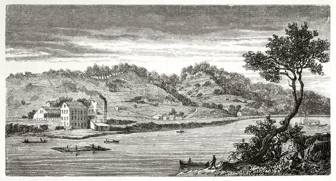 Ancient Large View Of Weston Along Missouri River USA. Vegetation, Boats, Hills And A Little Factory On The Shore. By Guaiaud After The Geological Survey Of Missouri On Le Tour Du Monde Paris 1862