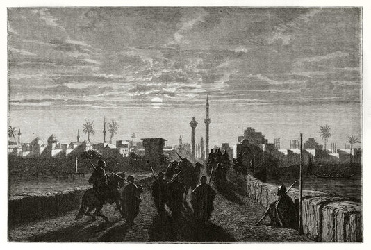 Sunset over an ancient arabic city and people silhouette displayed on back. Old view of Adana in the evening Turkey. Created by Grandsire Trichon and Boinvisin published on Le Tour du Monde Paris 1862