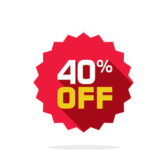 Sale tag vector badge template, 40 percent off sale label symbol, 40 discount promotion flat icon with long shadow, clearance sale sticker emblem, bargain red sign rosette design isolated on white