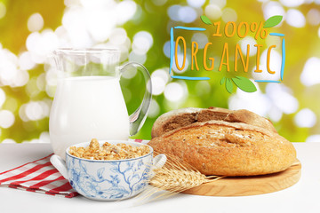 Bread and milk on the table