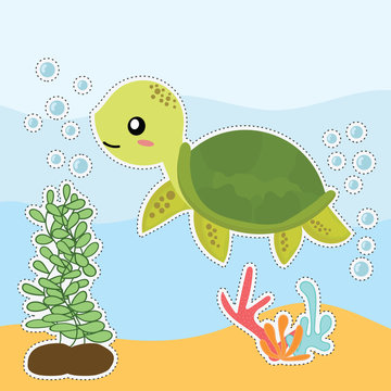 cute sea turtle sticker vector