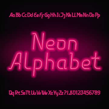 Neon alphabet font. Glowing uppercase and lowercase letters and numbers. Vector typeface for your headers or any typography design.