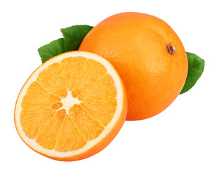 Orange with slice and leaf isolated on the white background