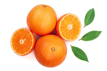 Orange with slice and leaf isolated on the white background. Flat lay pattern. Top view