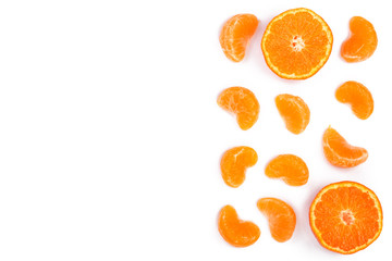 slices tangerine with leaves isolated on white background with copy space for your text. Flat lay, top view.