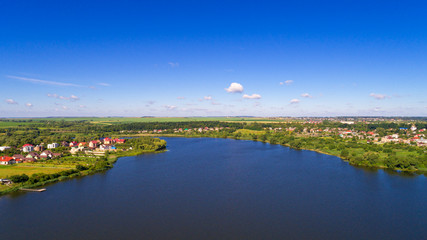 drone with a camera, beautiful summer small river from a height