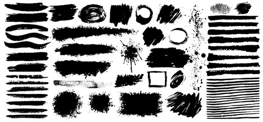 Set of black paint, grunge, ink, dirty brush strokes. Dirty artistic design elements. Vector illustration. Isolated on white background