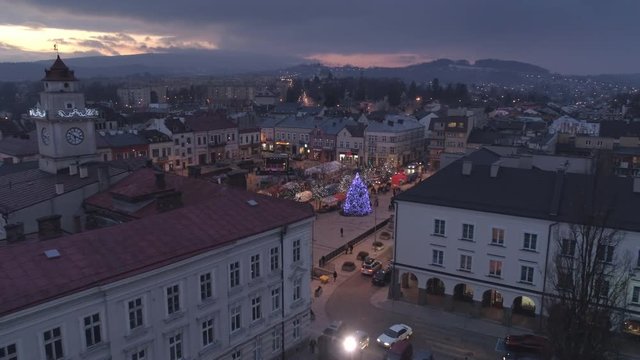 Aerial view of Christmas town and tree