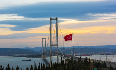 Osman Gazi Bridge (Izmit Bay Bridge). IZMIT, KOCAELI, TURKEY. Longest bridge in Turkey and the fourth-longest suspension bridge in the world by the length of its central span..