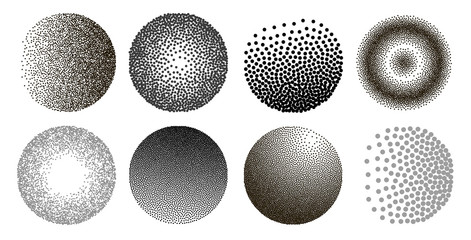 Set of halftone dots a circle. Black dots. Creative design elements. Perfect for banner, icon, poster, card. Vector illustration. Isolated on white background