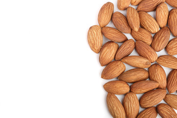 almonds isolated on white background with copy space for your text. Top view. Flat lay