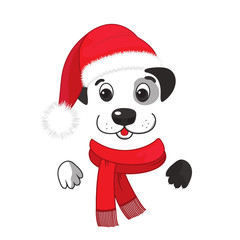 A funny dog in a santa hat and a scarf with a fringe. Chinese New Year 2018.