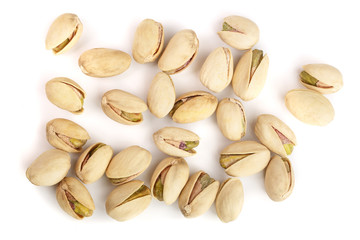 Pistachios isolated on white background, top view. Flat lay