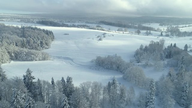 Aerial shot along the meadow among the Carpathian Mountains in winter 4K