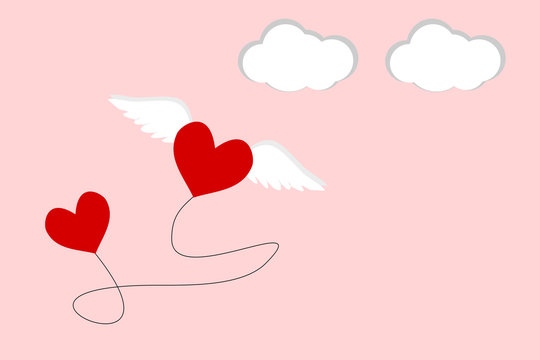 Flat design of two hearts are connect with string. One heart has the wing and is flying into the pink sky. 