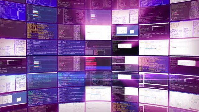 Beautiful animation of processing information in a data center hosting provider. Powerful computers and servers perform calculation of large amounts of data, purple seamless loop, 4K UHD