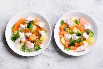 Vegetable chicken soup, top view