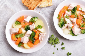 Chicken soup in bowl, top view