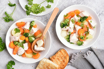 Soup from vegetable and chicken breast