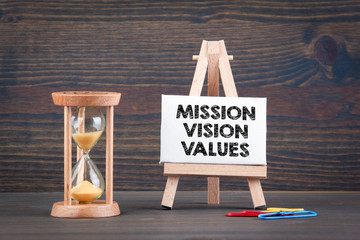 Mission, Vision and Values. Sandglass, hourglass or egg timer on wooden table showing the last...