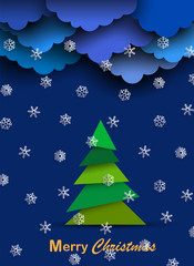 Christmas card with paper clouds, paper white snowflakes and Christmas tree
