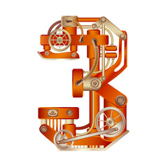 Arabic numeral 3, made in the form of a mechanism with moving and stationary parts on a steam, hydraulic or pneumatic draft. Isolated freely editable objects on a white background.