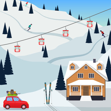 Ski resort snow mountain landscape, skiers on slopes, ski lifts, a house, a car with the ski equipment pulls up to the resort. Vector illustration in flat style.