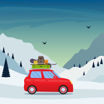 Winter Skiing Holiday Trip To Mountains. Cute Small Car With Ski And Snowboard, Backpack And Suitcase On The Roof. Vector Illustration.